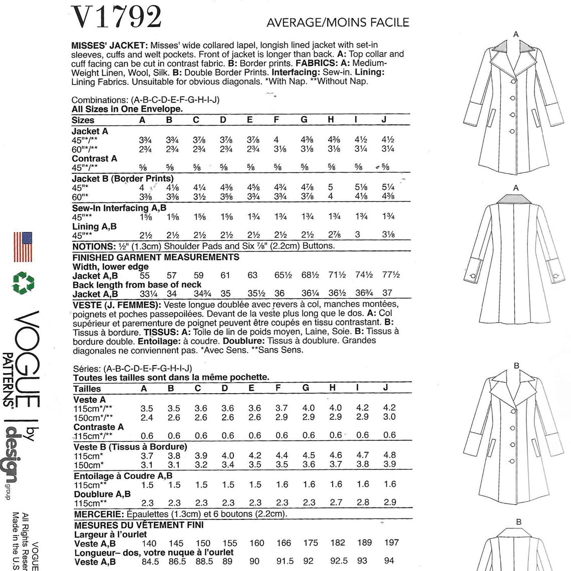 V1792 Vogue 1792 Sewing Pattern Today's Fit by Sandra - Etsy