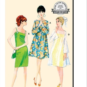 May include: Vintage McCall's sewing pattern M8466 for a dress with three different styles. The pattern includes additional size options and cutting layouts. The dress styles are a floral print dress, a white dress, and a solid green dress.