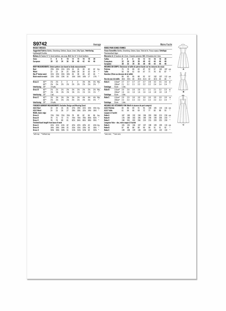 S9742 S9743 Sewing Pattern Misses' 3 Dresses Sundress Sizes