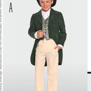 May include: A young boy wearing a green velvet suit with a white shirt, a patterned vest, and a black top hat. He is wearing beige pants and black shoes.