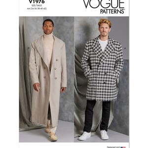 May include: Vogue Patterns V1976 sewing pattern for a double-breasted coat. The pattern includes two variations: a solid beige coat and a black and white checked coat. The pattern is designed and printed in the USA.