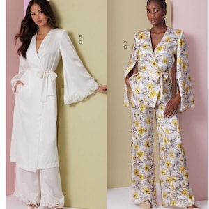 May include: Two women's outfits, one in white satin with lace trim and the other in a white and yellow floral print. Both outfits feature a wrap top with a long, flowing sleeve.