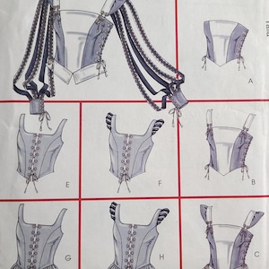 Może przedstawiać: Wzór do szycia przedstawiający różne projekty gorsetów. Ilustracje pokazują różne style z wiązaniami z przodu, ramiączkami i ozdobnymi rękawami. Paleta kolorów obejmuje odcienie szarości, bieli i błękitu. Widoczny jest tekst "Talla" i "March 21, 2026 6:4".