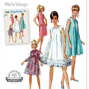 May include: Vintage Simplicity sewing pattern for a 1960s dress. The pattern includes four different styles of dresses, all with a simple, elegant design. The pattern is labeled "7340" and "Simplicity 75c".