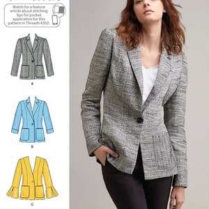 May include: A woman wearing a gray and white tweed blazer with a single-button closure, paired with black pants. The image also features three blazer pattern illustrations: a gray tweed, a blue striped, and a yellow blazer with flared sleeves. The text "threads" is visible.