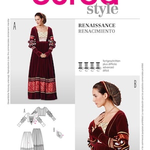 May include: A sewing pattern for a Renaissance-style dress with a burgundy velvet bodice and skirt. The pattern includes instructions for a matching headdress. The pattern is for sizes 36 to 50 and 10 to 24.