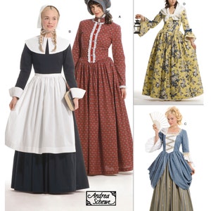 Op de afbeelding: Vier verschillende historische kostuumpatronen voor vrouwen. De patronen omvatten een koloniale jurk met een witte schort, een koloniale jurk met een bloemenprint, een koloniale jurk met een blauw-wit gestreepte rok en een koloniale jurk met een gele bloemenprint.