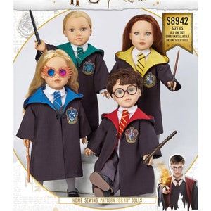 May include: A Simplicity sewing pattern for making Harry Potter themed outfits for 18-inch dolls. The pattern includes four different outfits, each with a different Hogwarts house color scheme. The pattern number is S8942.