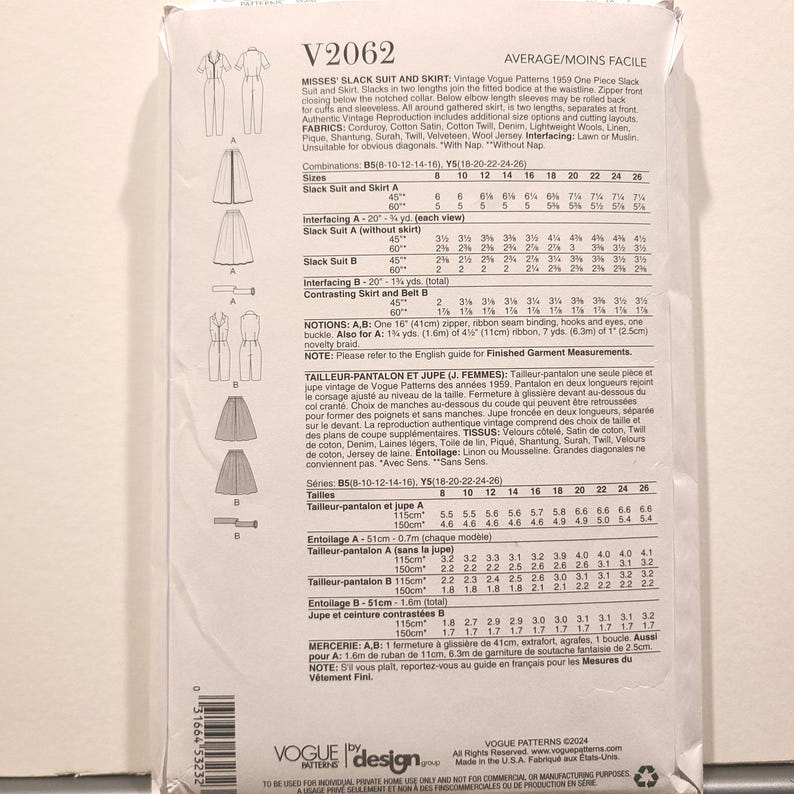 V2062 Vogue 2062 Sewing Pattern Vintage 1950's Design 1959 Slack Suit ...
