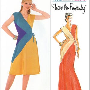 May include: Vogue Patterns V2100 sewing pattern for a wrap dress designed by  Diane Von Furstenberg. The pattern shows two versions of the dress, one short and one long, with different color combinations.