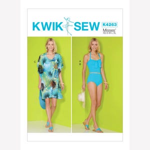 May include: Kwik Sew pattern K4263 for Misses' sizes XS-XL. The image shows two women modeling beachwear. One wears a blue and green patterned cover-up, the other a turquoise two-piece swimsuit. The background is a bright green.