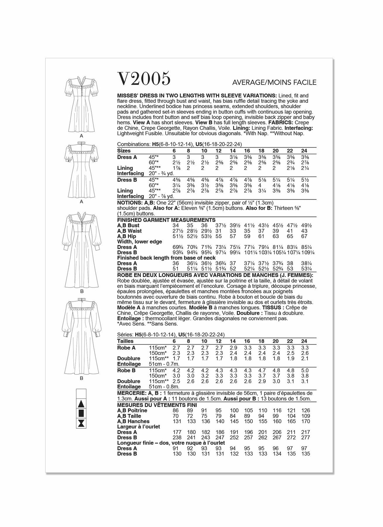 V2005 Sewing Pattern Misses' Dress Sizes 6-14 or 14-22 Vogue
