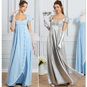 May include: Two elegant gowns. One is a light blue, floor-length dress with short, puffy sleeves and floral accents. The other is a silver, floor-length dress with long gloves and a masquerade mask. Both dresses have a square neckline.