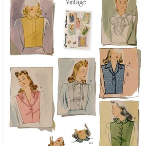 May include: A vintage sewing pattern from the 1940s for a blouse with different collar styles. The pattern shows six different collar designs, including a Peter Pan collar, a ruffled collar, and a stand-up collar. The pattern is labeled "Simplicity Pattern" and has the number 4154.