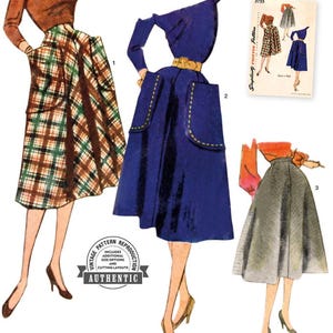 May include: Vintage sewing pattern reproduction for a skirt with three different styles. The first style is a plaid skirt with a high waist and pockets. The second style is a solid blue skirt with a high waist and pockets. The third style is a solid gray skirt with a high waist.