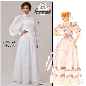 May include: Vintage sewing pattern reproduction for a long white dress with puffed sleeves and a high neckline, and a pink dress with puffed sleeves and a high neckline. The pattern includes additional size options and cutting layouts. The text "Vintage 80's" is in the lower left corner of the image. The text "Vintage Pattern Reproduction" is in a circle in the upper right corner of the image. The text "Includes additional size options and cutting layouts" is inside the circle. The text "Authentic" is below the circle.