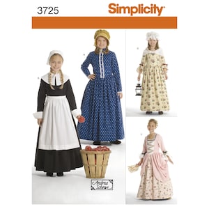 May include: Simplicity sewing pattern number 3725 for making four different historical costumes for girls. The pattern includes a blue dress with white polka dots, a black dress with a white apron, a yellow dress with floral print, and a pink dress with floral print.