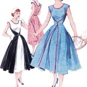 May include: Illustration of three vintage dresses. One is black and white, another is pink floral, and the third is blue gingham with red trim. The dresses are depicted on figures with matching shoes and accessories.