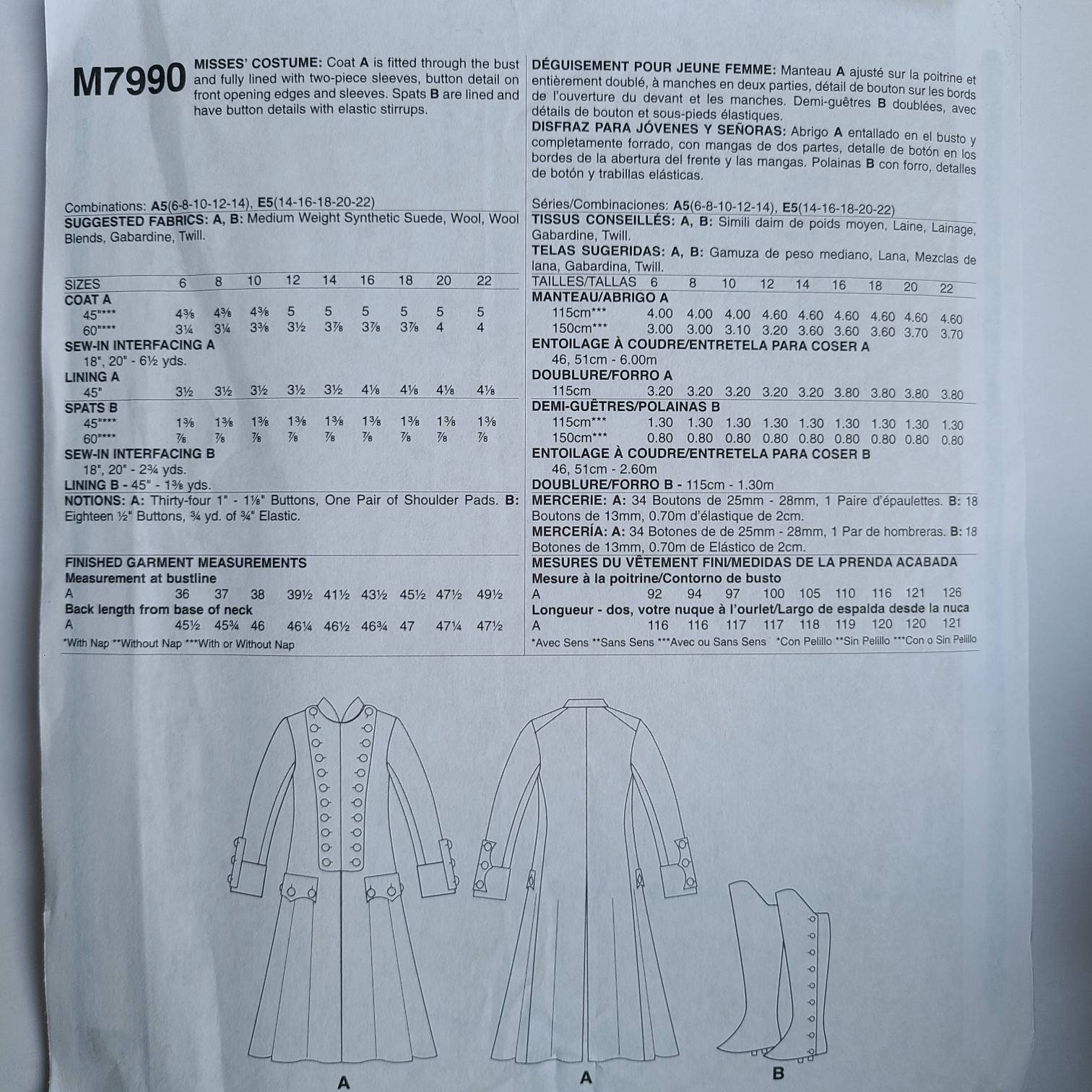 M7990 Sewing Pattern Georgian Misses' Costume Duster Coat - Etsy