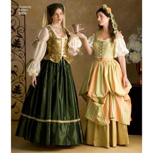 May include: Two women wearing Renaissance-style dresses. One dress is dark green with a gold bodice and trim, the other is striped in shades of green and orange. The dresses have long skirts and puffed sleeves. The image includes the text "Simplicity Pattern 3809".