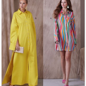 Op de afbeelding: Twee overhemden met lange mouwen. Eén is een felgele maxi-jurk met een split aan de voorkant en een zak. De andere is een kortere overhemdjurk met een kleurrijk, golvend streepjespatroon in roze, oranje, blauw en groen.