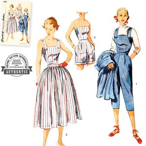 May include: Vintage sewing pattern for a 1950s style dress and overalls. The pattern includes additional size options and cutting layouts. The dress is a striped, sleeveless, full skirt with a fitted bodice. The overalls are a blue denim, wide-legged style with a bib.