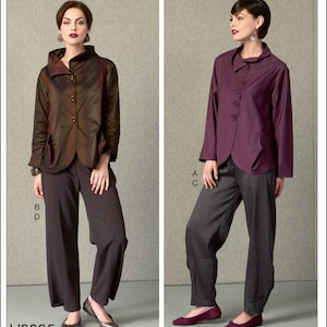 May include: Two-panel image showing a woman in a brown jacket and dark trousers, and another in a purple jacket and grey trousers. The jackets have distinctive collar designs and button fastenings. The trousers are wide-legged. The text "V9035" is at the bottom.