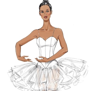 May include: Illustration of a ballerina in a white tutu and bodice. The ballerina has her hair up in a bun and is posed with her arms gracefully extended. The tutu is layered and flowing, and the bodice has a sweetheart neckline.