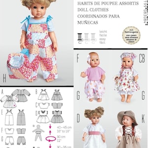 May include: A doll in a patchwork jumpsuit, blue top, and matching bag. The image also shows various doll clothing patterns and dolls in different outfits. The text reads "DOLL CLOTHES" and "HABITS DE POUPEE ASSORTIS".