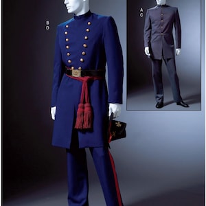 May include: A blue military uniform with a red sash and gold buttons. The uniform includes a long coat with a stand-up collar and matching pants with a red stripe down the side.