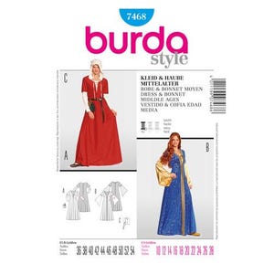 May include: A sewing pattern for a medieval dress and bonnet. The pattern includes instructions for sizes 36 to 54 and 10 to 28. The pattern is illustrated with two women wearing the dress and bonnet.