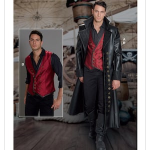 Puede incluir: Una chaqueta de cuero negro con un chaleco rojo y negro. El chaleco tiene cierre de doble botonadura y botones dorados. La chaqueta tiene un estilo largo y fluido con cuello alto y botones dorados en la parte delantera.