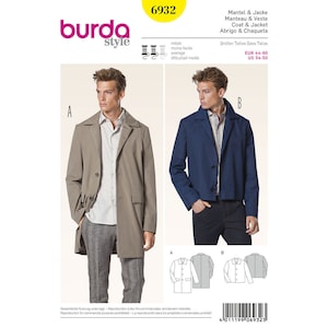 May include: A sewing pattern for two different styles of coats. The pattern is for sizes EUR 44-60 and US 34-50. The pattern is labelled with the number 6932.