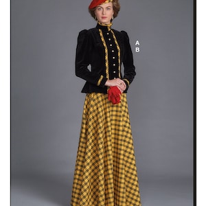 May include: A woman wearing a vintage-style outfit. The ensemble includes a black velvet jacket with gold trim, a yellow and black plaid skirt, and a red beret. The jacket has a high collar and decorative buttons. She is also holding red gloves.