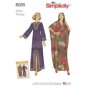 May include: Vintage Simplicity sewing pattern number 8505 for two long dresses. The dress on the left is purple with a slit up the front and gold trim. The dress on the right is red with a floral print. The pattern is from the 1970s.