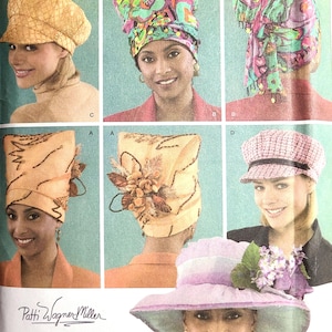 May include: A collage of women modeling various hats. Styles include a straw visor, a turban with a colorful floral print, a pink tweed cap, and a wide-brimmed hat with floral accents. The image also includes the text "Patti Wagner Miller".