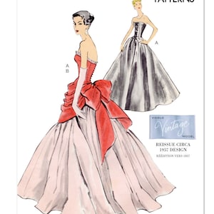 May include: A vintage Vogue pattern for a strapless gown with a large bow at the back. The pattern is for a dress with a fitted bodice and a full skirt. The pattern is from 1957.