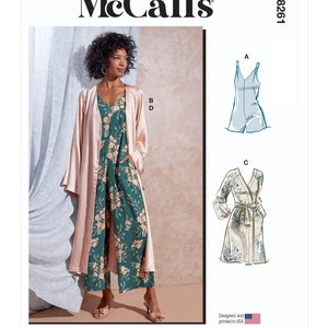 May include: McCall's sewing pattern M8261 featuring a woman wearing a floral jumpsuit and a light pink robe. The pattern includes multiple view options with simple instructions. The image also shows a romper and a floral robe.