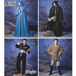May include: Four different sewing patterns for hooded robes, featuring a blue robe with a hood, a black robe with a hood, a black and grey robe with a hood, and a brown robe with a hood. The patterns are from Wrights.