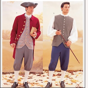 May include: Two men wearing historical clothing. The man on the left is wearing a red coat, a patterned vest, gray breeches, and a tricorn hat. The man on the right is wearing a gray vest, white shirt, blue breeches, and a cane.