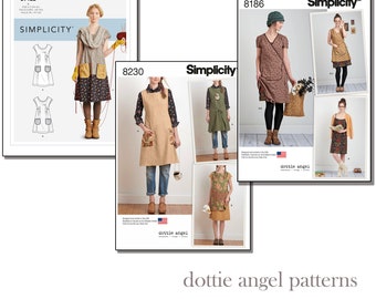 S9122 S8186 S8230 Sewing Pattern Simplicity Dottie Angel Wrap Slip Dress Jumper Apron Tunic Sizes XS-XL Your Choice