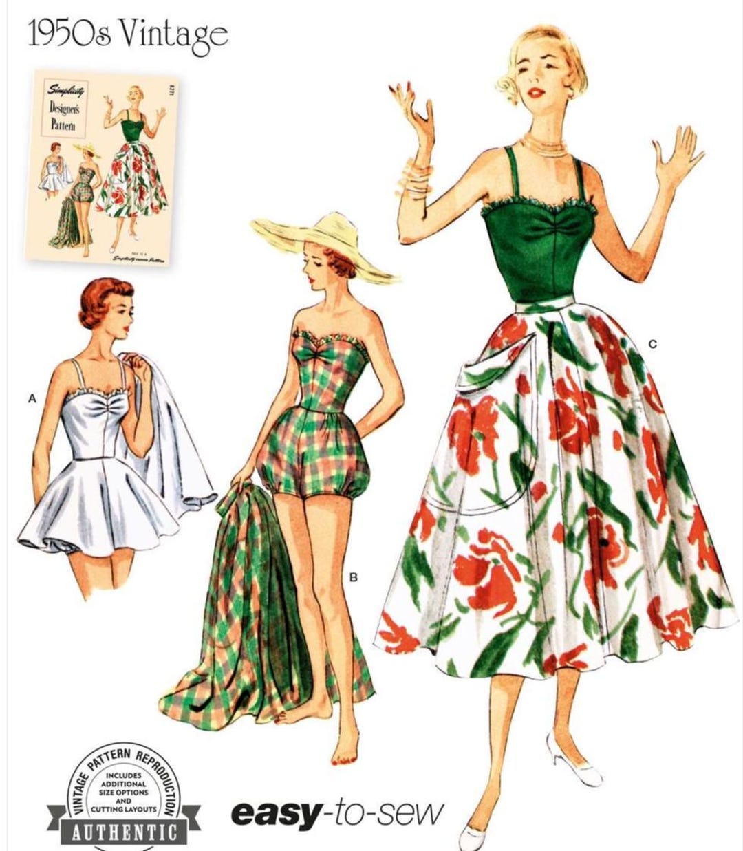 Sewing Pattern Vintage 1950s Misses' Bathing Suit Skirt Simplicity 3151 ...
