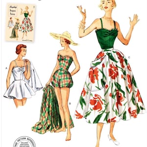 May include: Vintage 1950s sewing pattern featuring three women's outfits. One woman wears a green top and a floral skirt. Another wears a plaid romper. The third wears a white dress. The text "easy-to-sew" is visible.