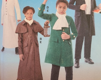 May include: Four children in costumes, including a white coat with a red scarf, a brown coat, a green coat, and a black coat. The children are wearing boots and scarves. One child is holding a lantern. The image is a pattern for costumes.