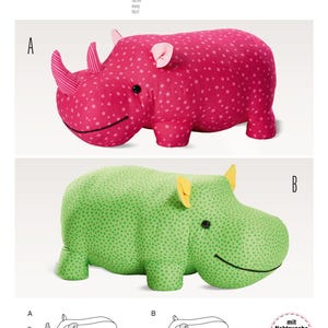May include: A sewing pattern for two plush animal toys: a pink rhinoceros with star patterns and a green hippopotamus. The pattern includes the text "burda style" and the number "6560".