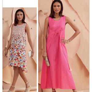 May include: Two sleeveless dresses are featured in this image. One is a knee-length dress with a floral pattern, and the other is a long, solid pink dress with a tie at the waist. The text "Kathryn Brenne" and "Vogue Patterns Designer Original" are visible.