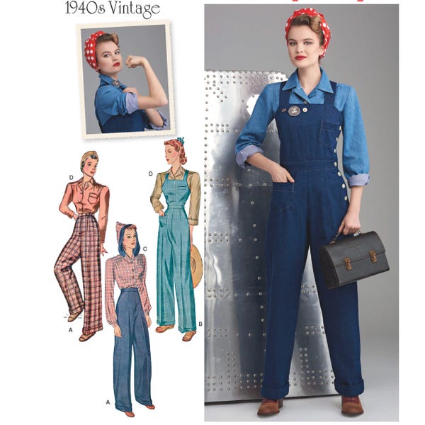 NOUVEAU patron de couture rétro des années 40 vintage pantalon salopette chemisier tailles 6-14 ou 16-24