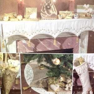 May include: A Christmas-themed arrangement with a decorated tree, baubles, and presents. A white mantlepiece is decorated with candles, baubles, and a valance with tassels. A gift bag and stocking add to the festive holiday atmosphere.