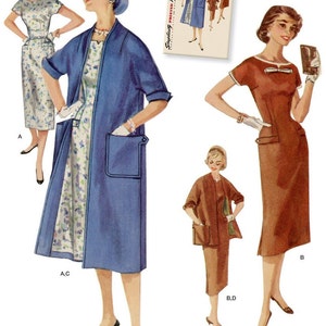 Puede incluir: Un patrón de costura vintage para un vestido de los años 50. El patrón incluye tres estilos diferentes: un vestido azul con una chaqueta a juego, un vestido marrón y una falda y chaqueta marrones. El patrón está impreso en papel blanco con texto negro e ilustraciones.
