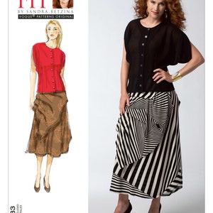 Może przedstawiać: Wzór szycia na spódnicę w czarno-białe paski i czerwoną bluzkę z guzikami. Wzór nosi nazwę "Today's Fit" autorstwa Sandry Betziny, Vogue Patterns Original. Numer wzoru to V1333.